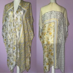 Boho Ruana Yellow Floral Shawl Open Front Cardigan Longline Wrap